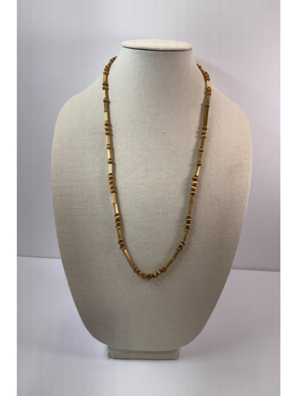 Vintage Cats Eye Glass Bead Necklace Honey Gold Tube Beads 30 Inch
